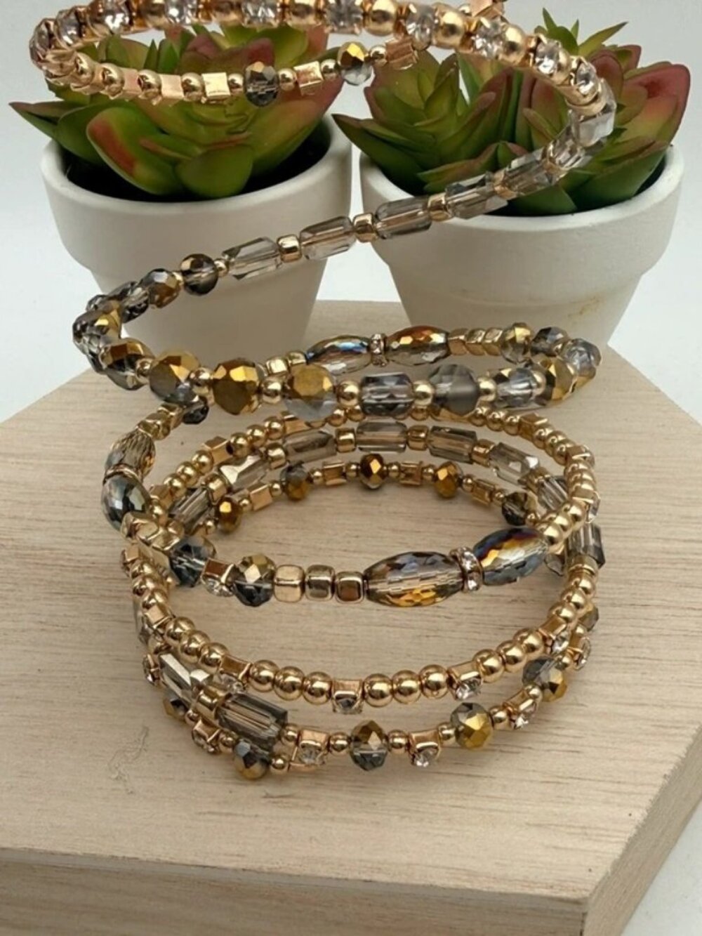 Gold Tone Crystal Rhinestone Memory Wire Coil Wrap Bracelet Glam - Picture 2 of 6